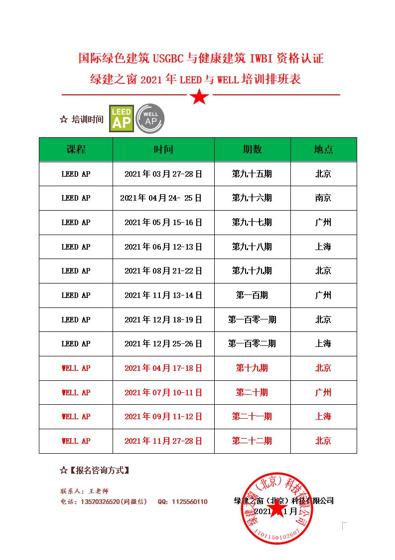 【綠建之窗】2021年度LEED與WELL培訓排班表